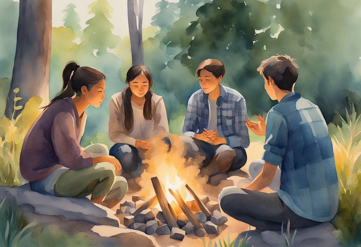 A group of young people gathered around a campfire, engaged in deep conversation and prayer, surrounded by nature and a sense of community