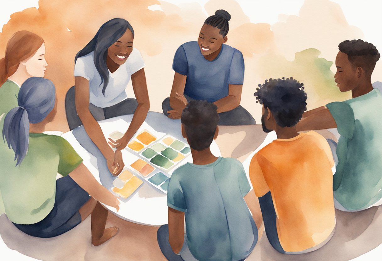 A group of diverse young people gather in a circle, engaged in meaningful conversation and sharing their experiences. The atmosphere is warm and welcoming, with an emphasis on building relationships and fostering personal growth