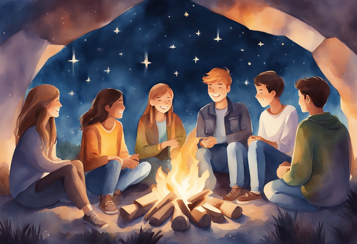 A group of young people gathered around a glowing campfire, sharing stories and laughter, with a backdrop of stars and a cross symbol in the distance