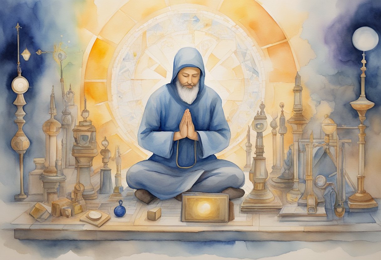 A person kneeling in prayer, surrounded by symbols of different career paths (e.g. stethoscope, paintbrush, computer) with a glowing light representing divine guidance