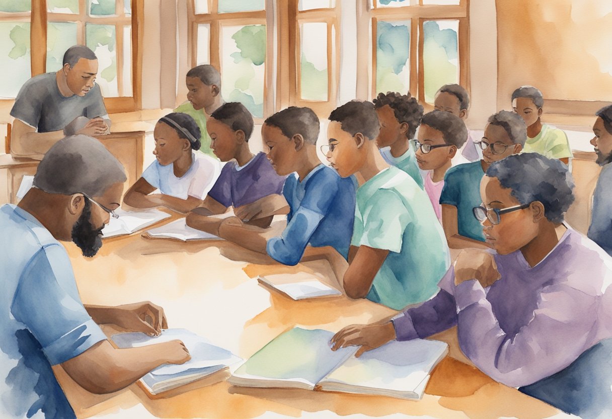 A group of young people engaged in discussions, prayer, and learning within a welcoming and supportive environment. A mentor guides the group, emphasizing the importance of nurturing the next generation in the Christian faith