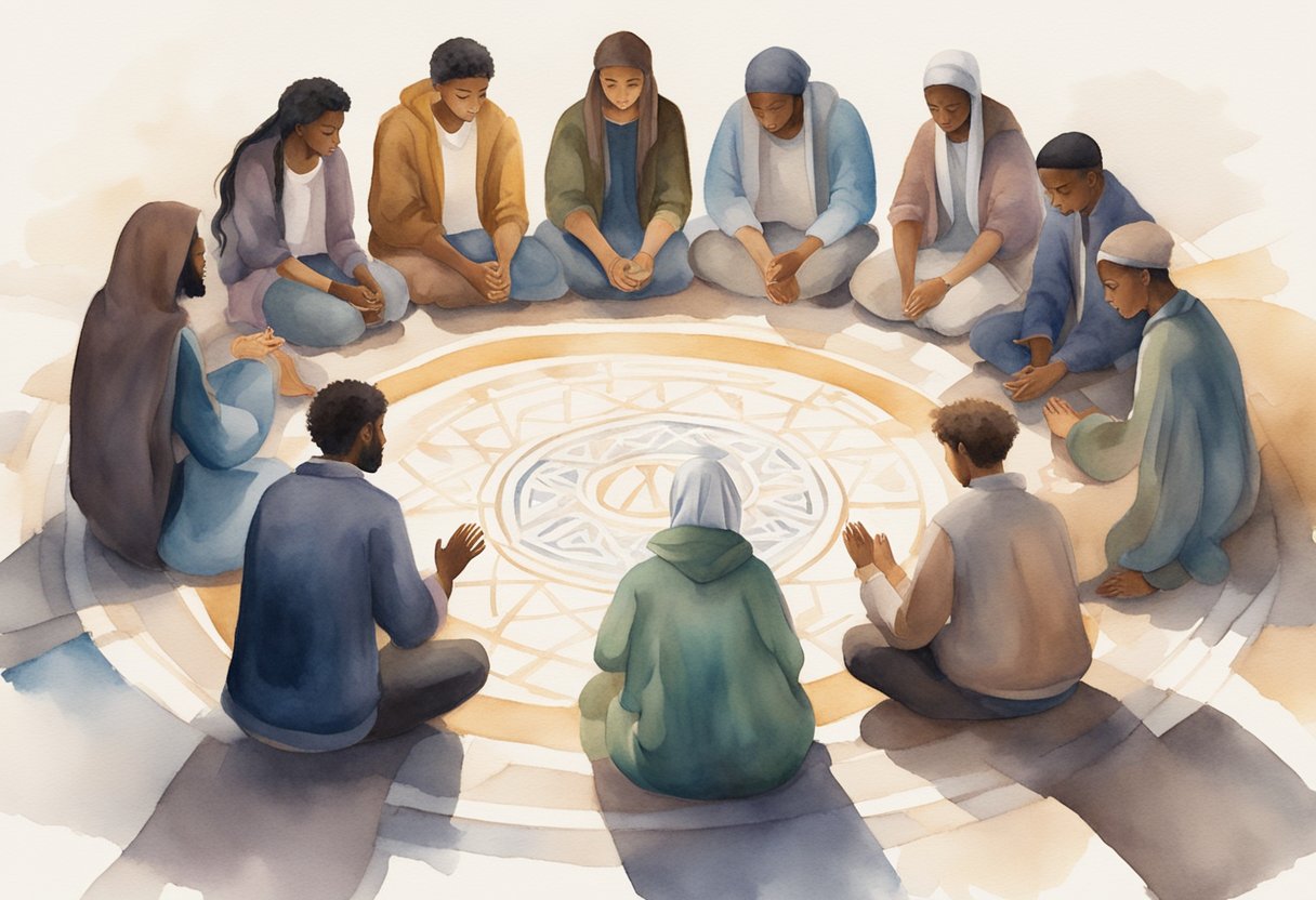 A group of young people gathered in a circle, engaged in prayer and discussion, surrounded by symbols of faith and scripture