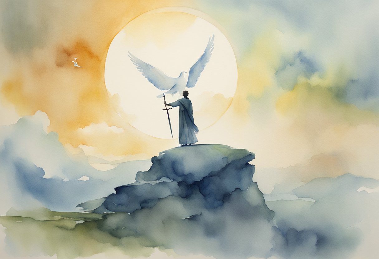 A lone figure stands before a scale, balancing justice and mercy, with a sword and a dove hovering above