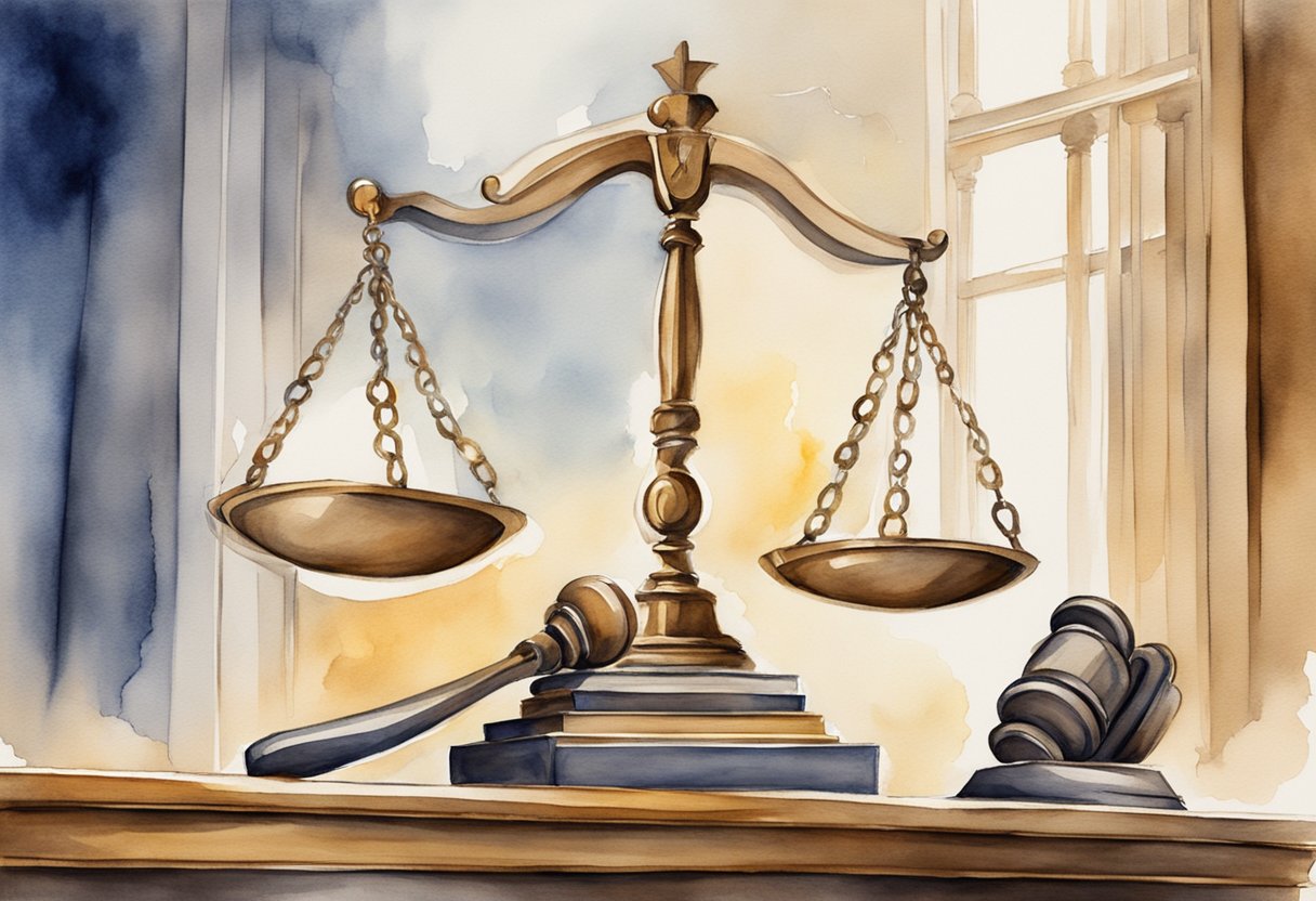 A courtroom with a judge's gavel and scales of justice, symbolizing the tension between justice and mercy in the context of capital punishment from a Christian perspective