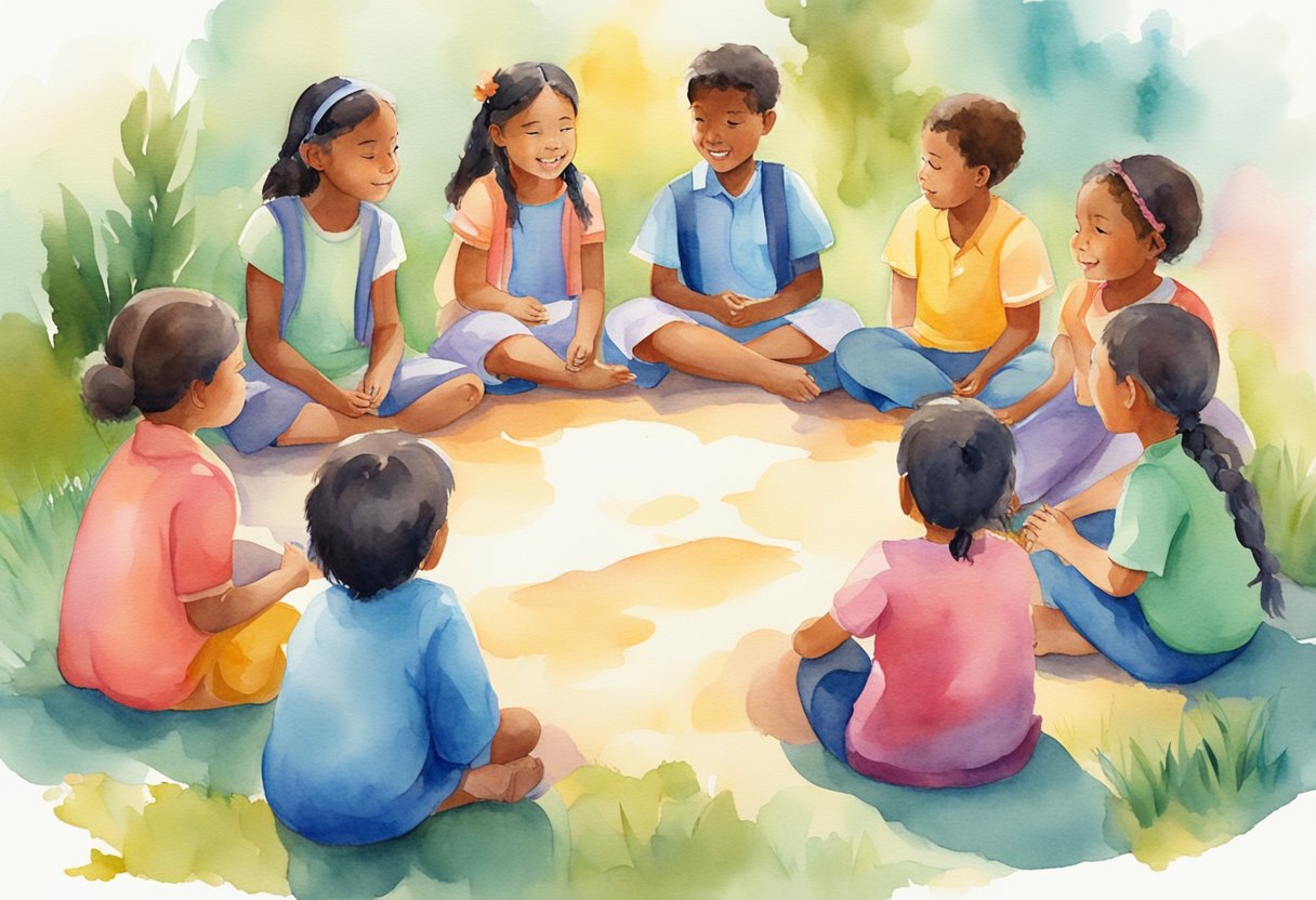 A group of children sitting in a circle, engaged in a storytelling session with a teacher, surrounded by colorful illustrations of biblical stories and symbols