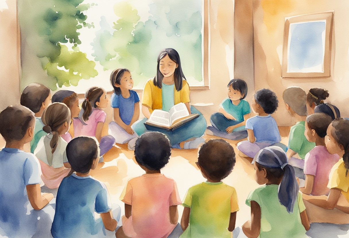 A group of children gathered around a teacher, listening intently as she shares stories from the Bible and engages them in interactive activities to teach them about their faith