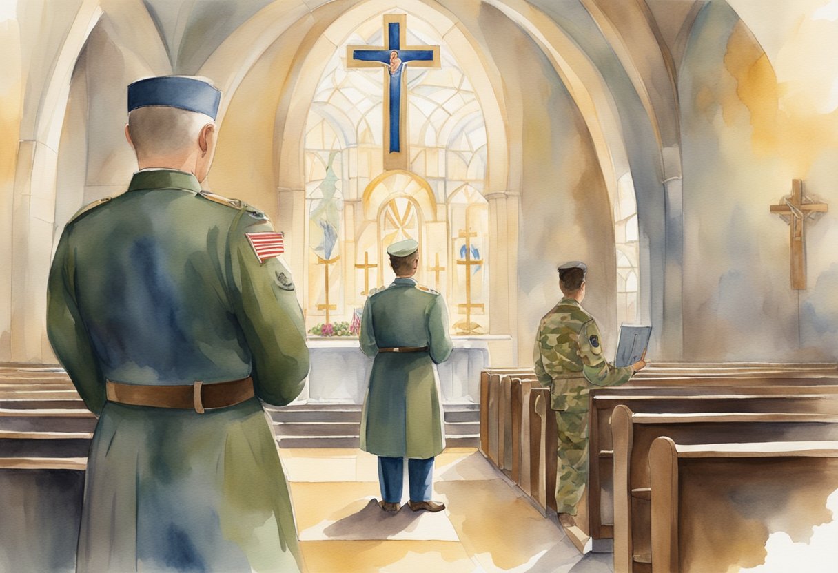 A military chaplain stands in uniform, offering spiritual guidance to soldiers in a chapel adorned with Christian symbols
