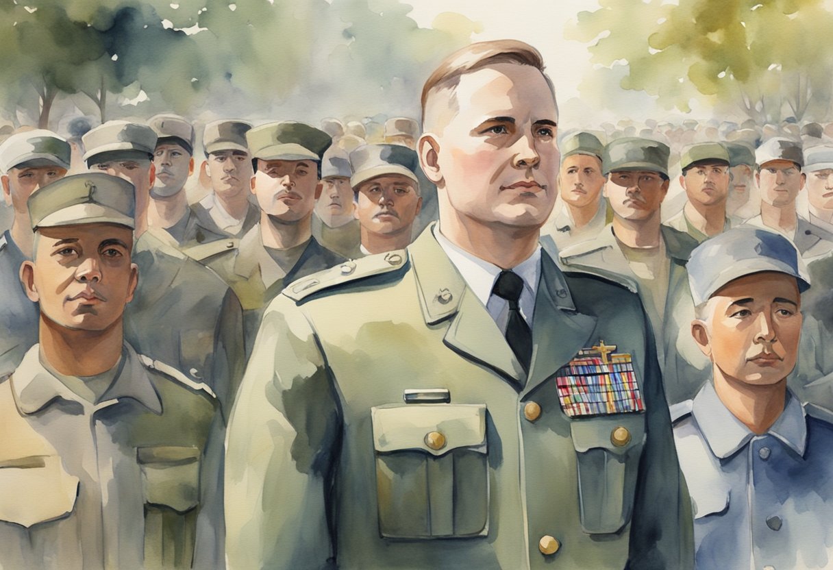 A military chaplain in uniform stands among a diverse group of soldiers, representing various faith groups, gathered together for a service