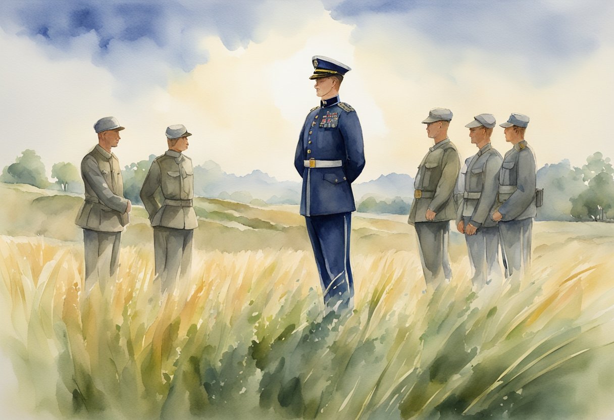 A military chaplain in uniform, standing in a field with soldiers, offering spiritual guidance and support