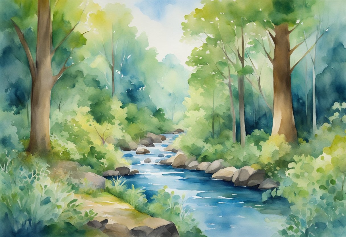 A lush, thriving forest with diverse plant and animal life, clean flowing streams, and clear blue skies, all surrounded by a sense of peace and harmony