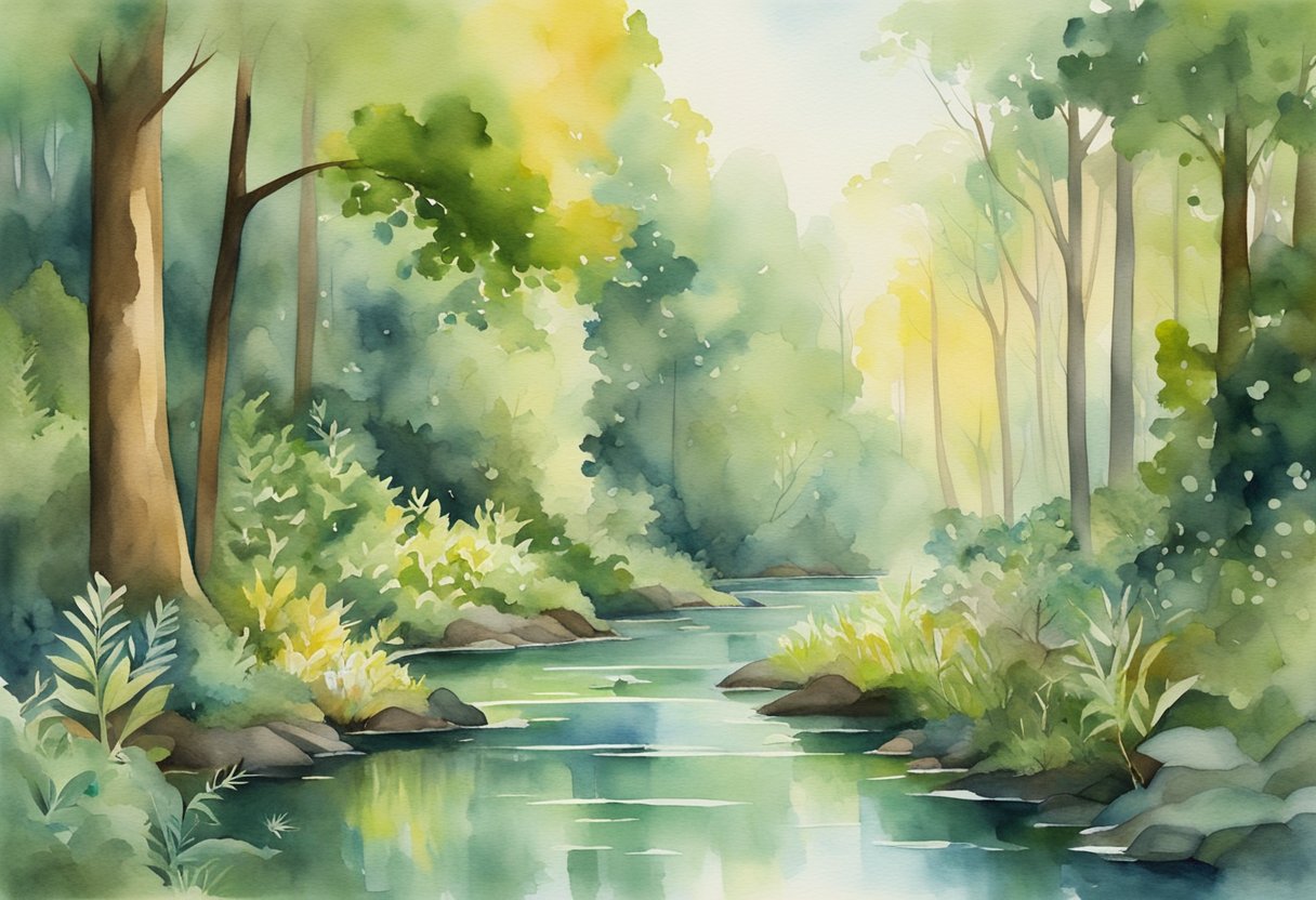 A serene forest with diverse flora and fauna, where animals and plants coexist harmoniously, surrounded by clear streams and vibrant greenery