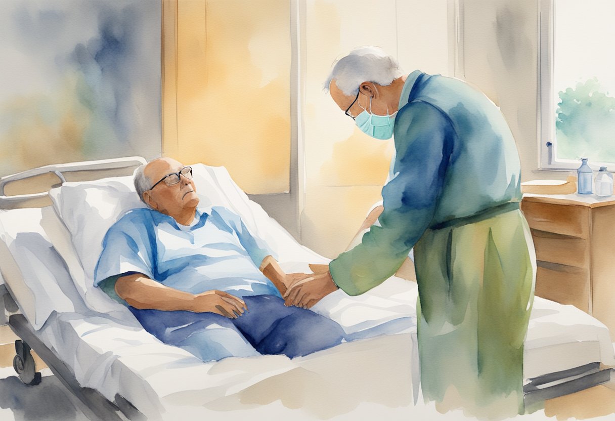 A hospital chaplain offers comfort to a distressed individual in a crisis, providing support and solace in a Christian approach to trauma care