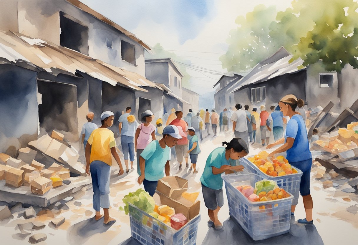 A group of volunteers distribute food and supplies to families amidst the wreckage of a disaster, offering hope and support in the midst of chaos