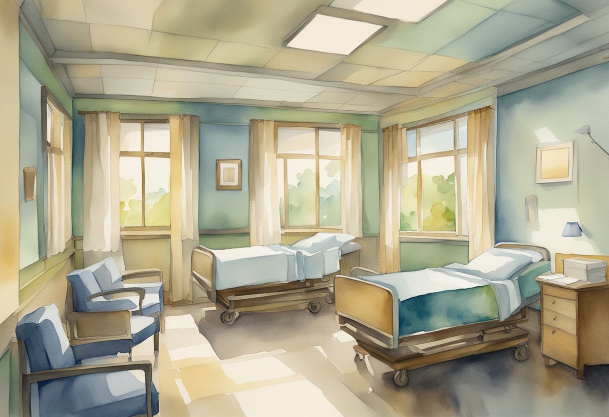 A hospital room with a peaceful atmosphere, soft lighting, and a comforting presence