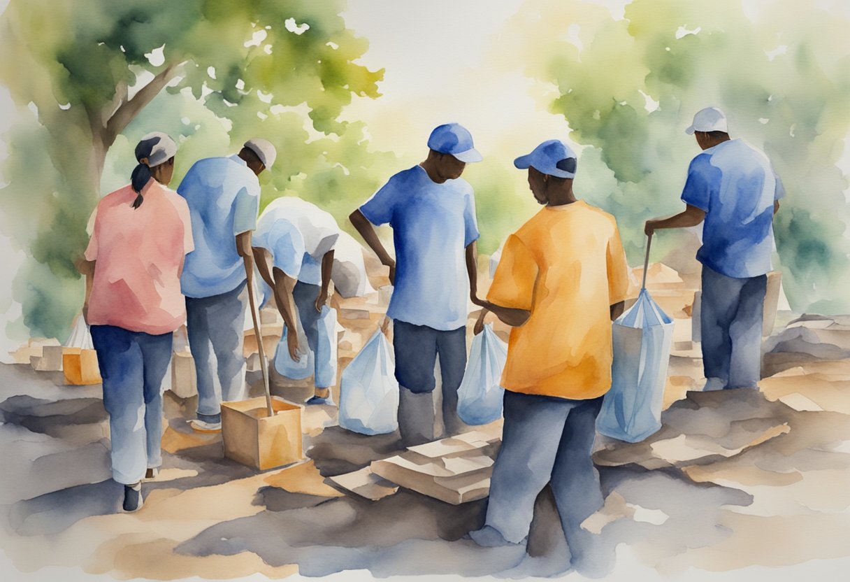 A group of people working together to provide aid and support in the midst of a disaster, bringing hope and relief to those affected