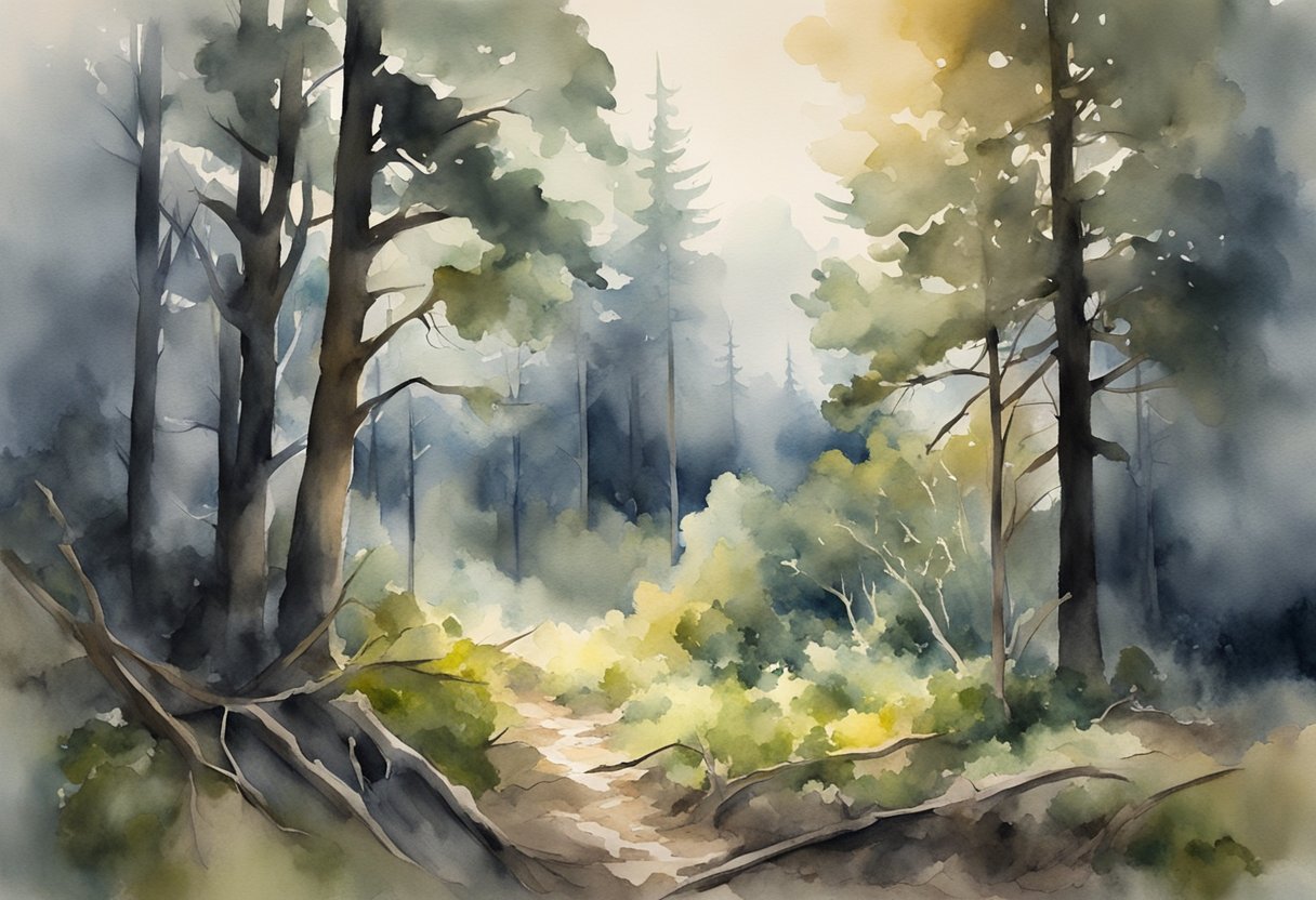 A serene landscape of a storm-ravaged forest, with sunlight breaking through dark clouds, symbolizing hope amidst destruction