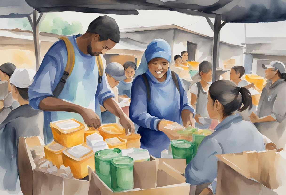A group of volunteers from a Christian organization distributing food and supplies to people in a disaster-stricken area, offering hope and support amidst the chaos