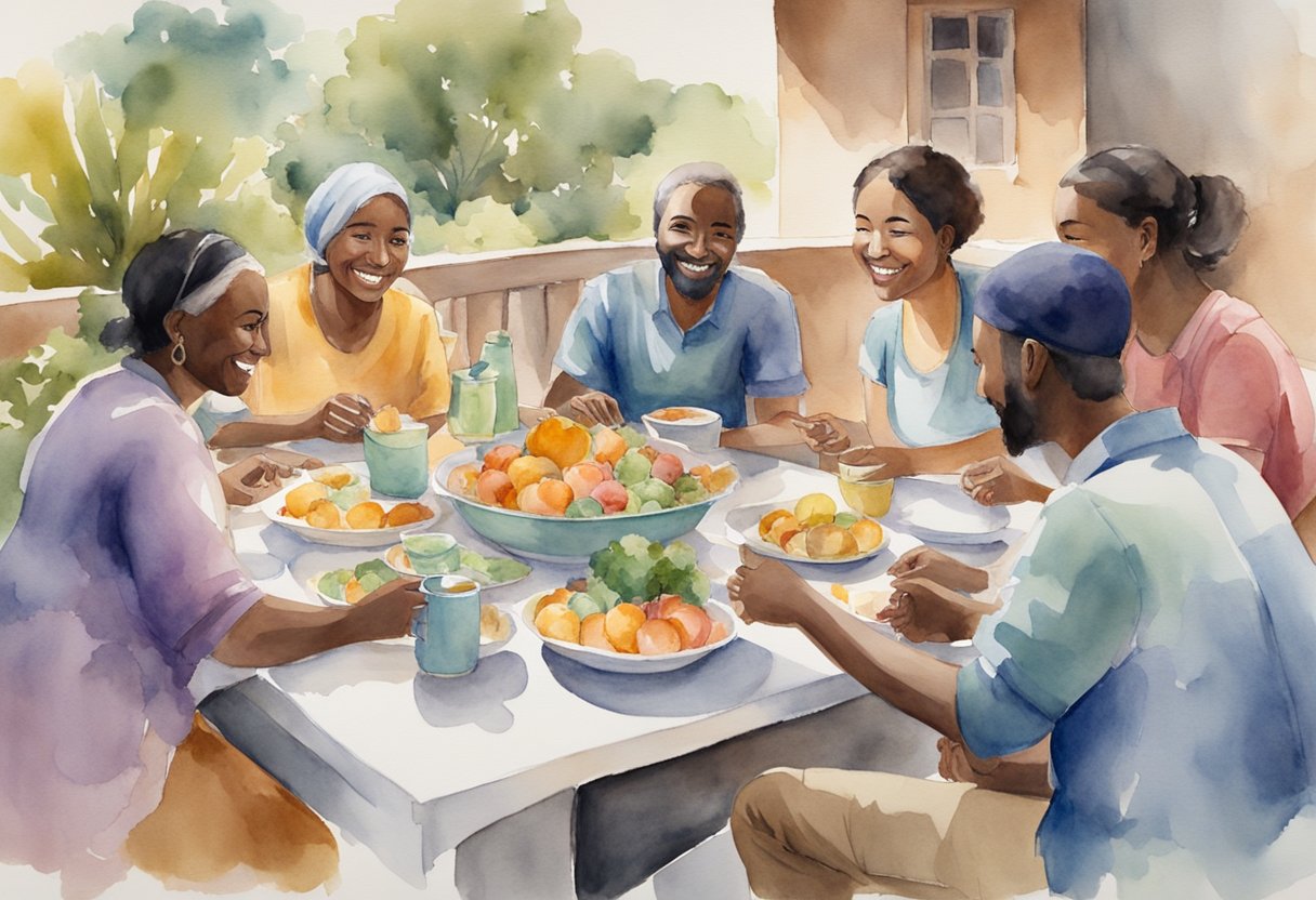 A group of diverse people gather around a table, sharing food and conversation with a newcomer. Smiles and open gestures convey warmth and acceptance