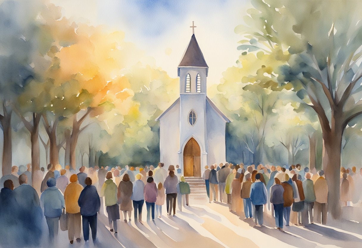 A church with open doors and a warm light shining out, surrounded by a diverse group of people seeking refuge