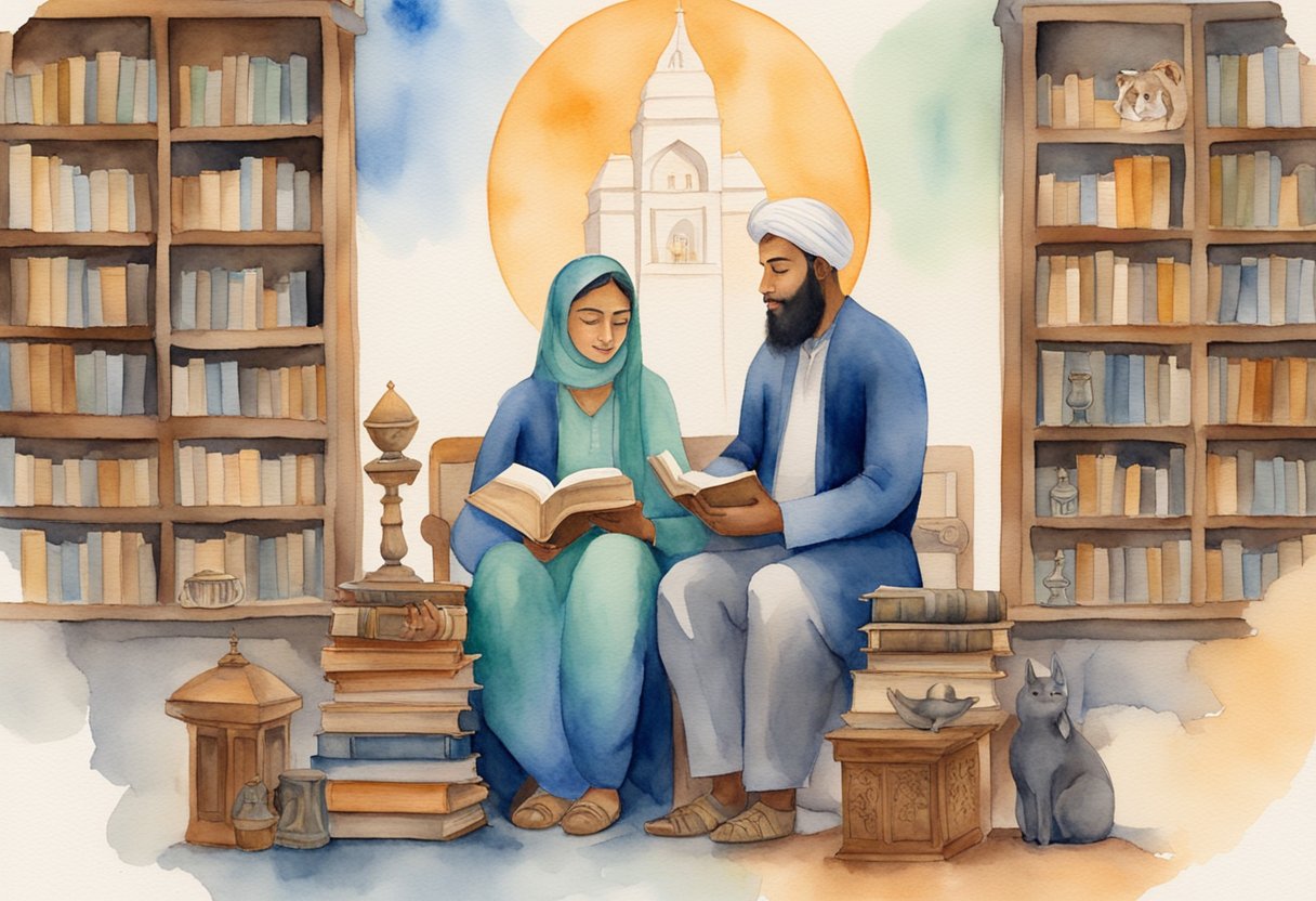 A couple from different faiths sit together, each holding a symbol of their religion. They engage in respectful conversation, surrounded by books and religious artifacts
