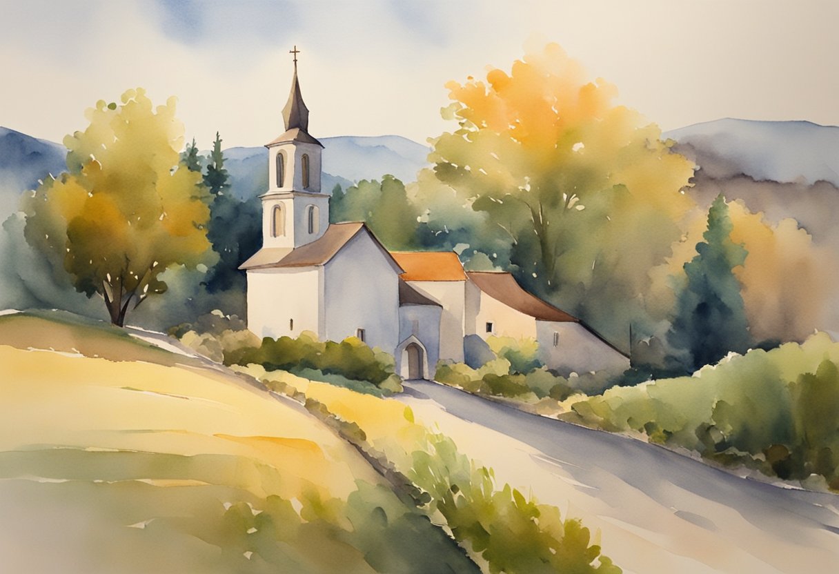 A small rural village with a church at the center, surrounded by fields and forests. A warm, inviting glow emanates from the church, symbolizing the presence of the Holy Spirit in the mission work