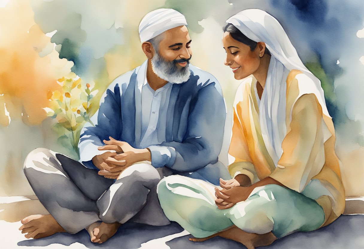 A couple from different faiths sitting together, calmly discussing their beliefs and finding common ground