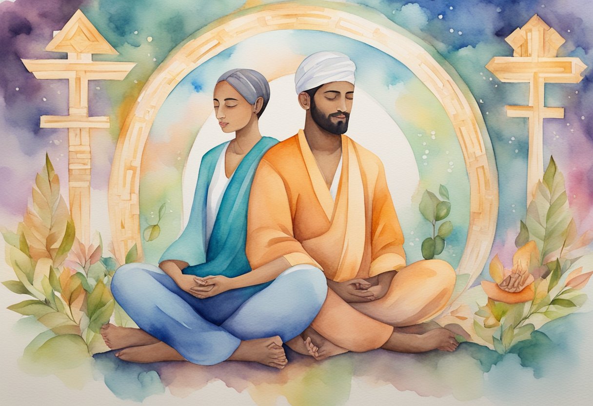 A couple from different faiths sitting together in meditation, surrounded by symbols of love, respect, and personal growth