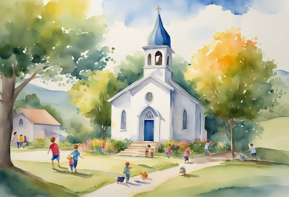 A small rural church nestled among rolling hills, with a colorful playground and a group of children playing and laughing. A sense of community and joy fills the air
