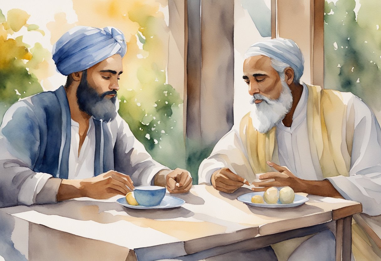 A couple from different religious backgrounds sitting at a table, discussing their beliefs and traditions with open-mindedness and respect