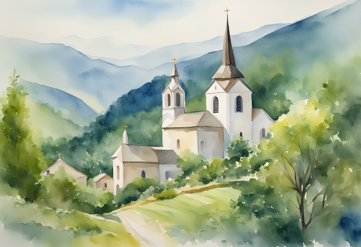 A church with a prominent steeple overlooks a remote village, surrounded by lush greenery and distant mountains, symbolizing the lifelong commitment of long-term missions in the Christian view