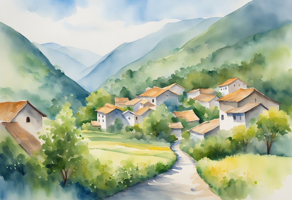 A serene landscape with a small village nestled in the mountains, surrounded by lush greenery and a clear blue sky, symbolizing the lifelong commitment of Christian long-term missions