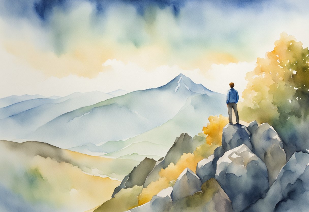 A figure standing on a mountain peak, gazing out at a vast landscape with a sense of purpose and determination
