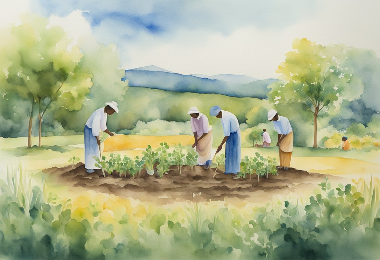 A group of people gather in a field, planting seeds and tending to young saplings, symbolizing the growth and nurturing of new church communities from a Christian perspective