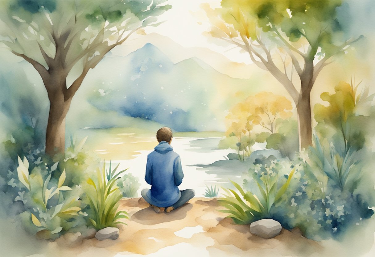 A person praying in a serene natural setting, surrounded by symbols of long-term commitment and dedication to Christian missions