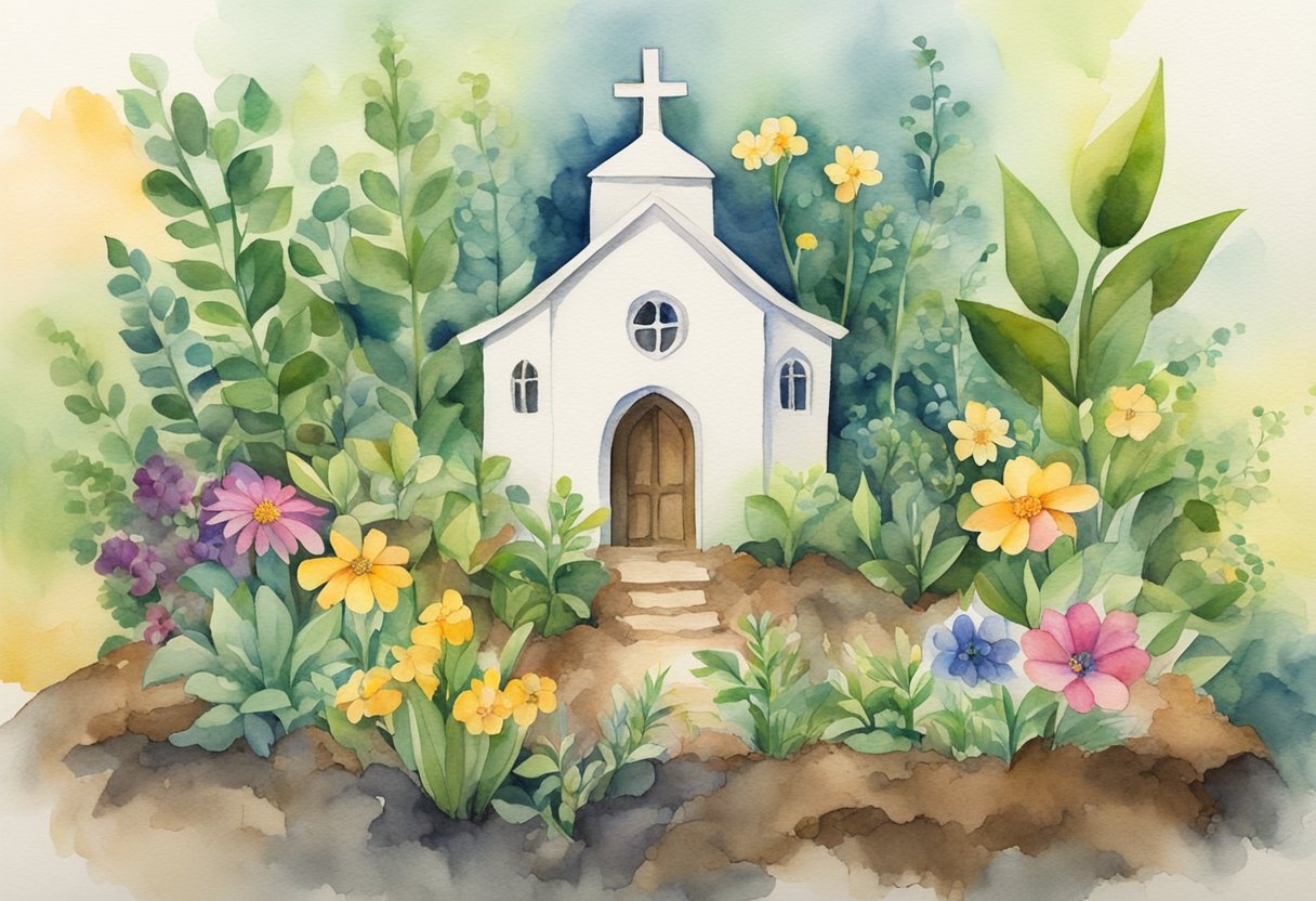 A small seedling sprouting from fertile soil, surrounded by a diverse array of plants and flowers, symbolizing the growth and flourishing of new church communities