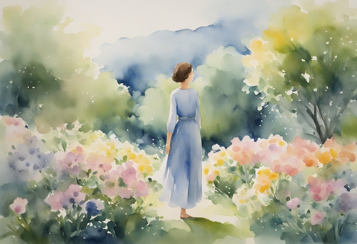 A solitary figure stands in a peaceful garden, surrounded by blooming flowers and a gentle breeze. The figure looks up at the sky with a sense of peace and hope, despite the surrounding signs of loss