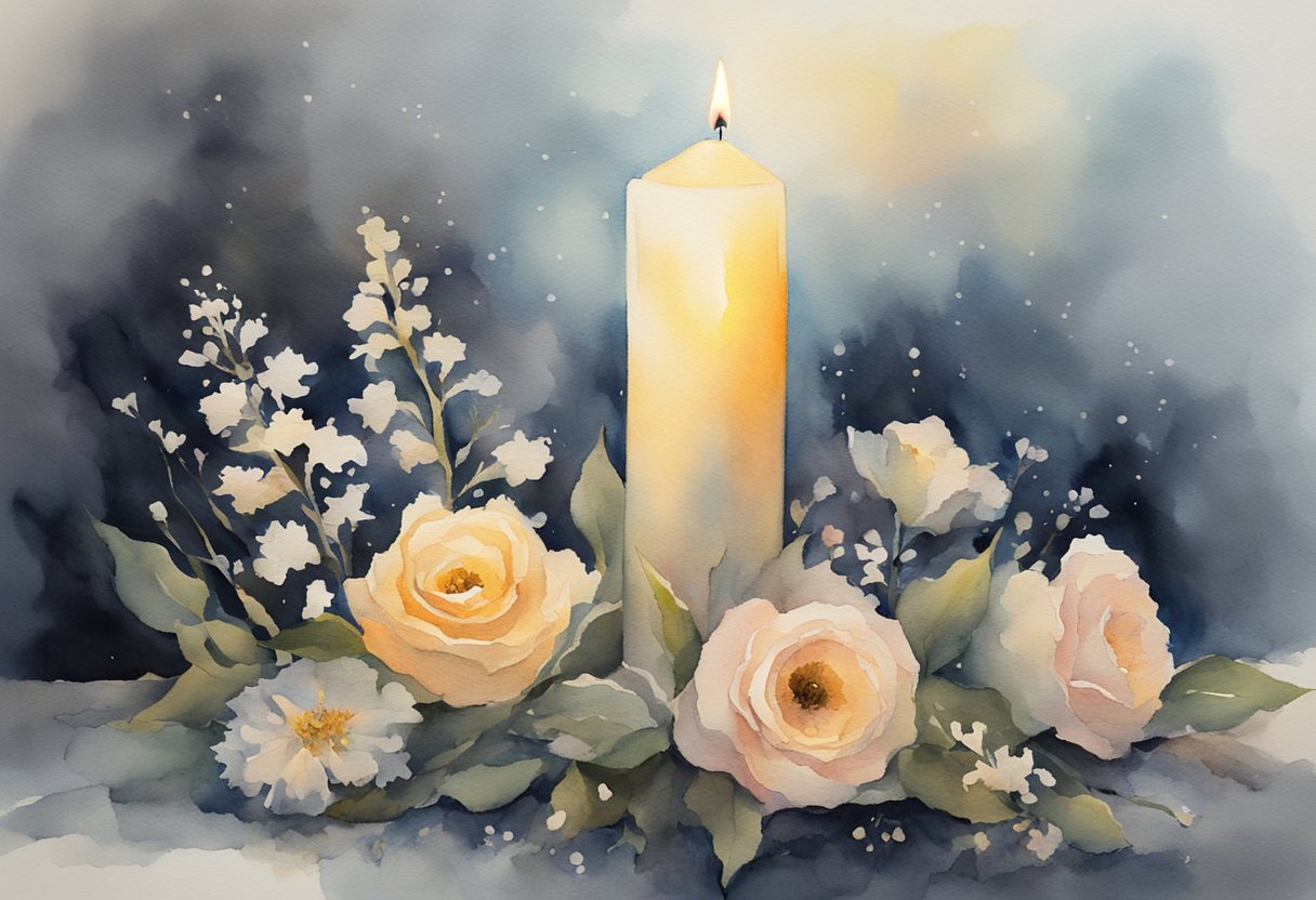 A single candle burning in the darkness, surrounded by wilted flowers, symbolizing hope in the midst of grief