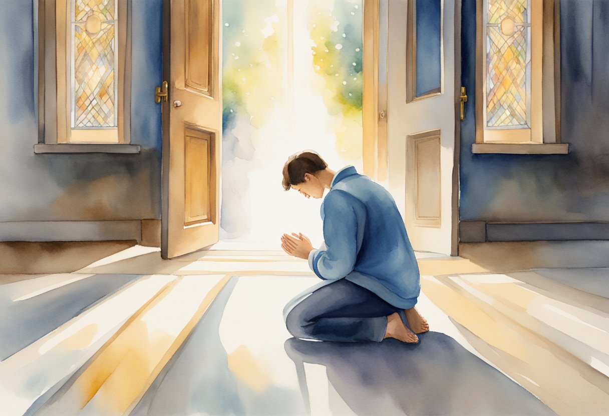 A person kneeling in prayer, surrounded by open doors leading to different career paths, with a beam of light shining on them from above