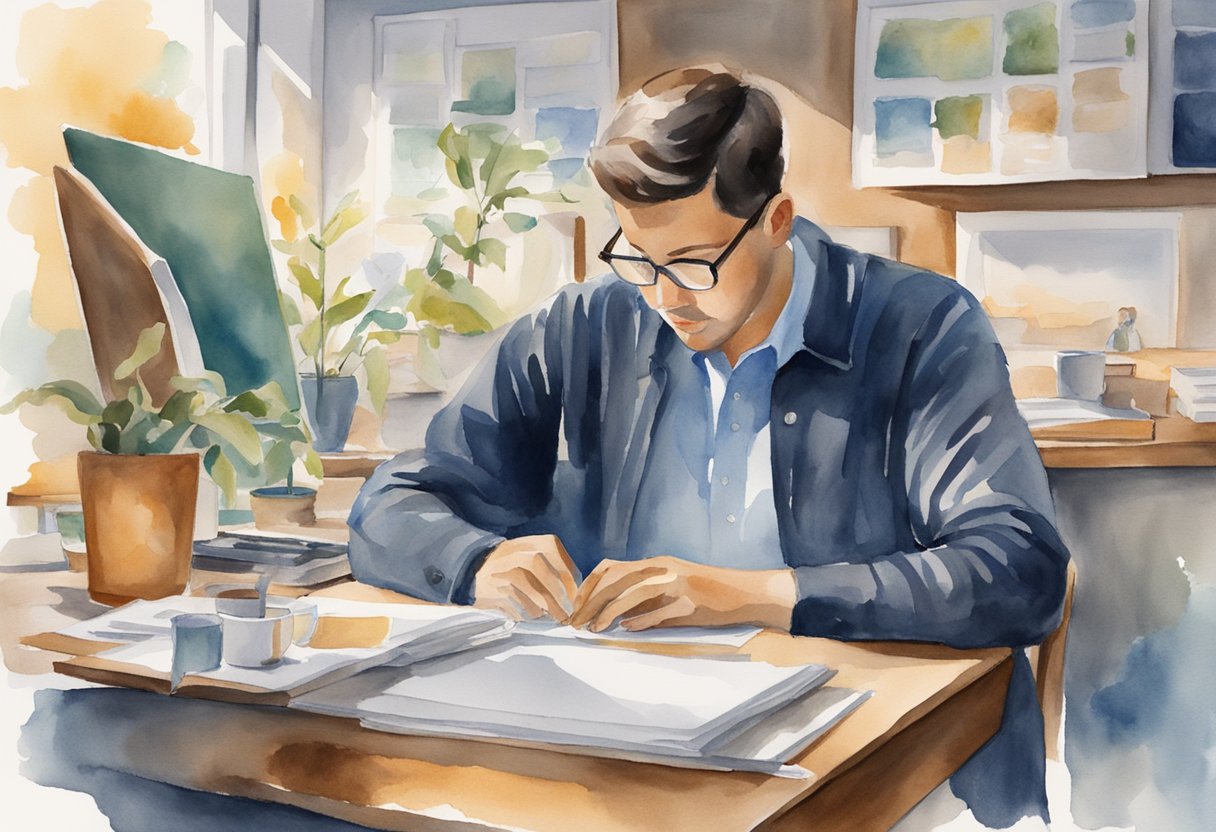 A person working diligently at their desk, surrounded by images of people being helped through their work. The person is at peace, trusting in God's plan for their career change