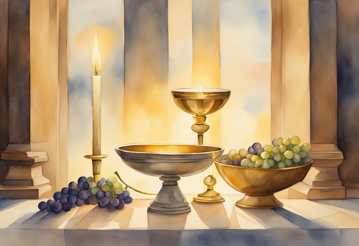 A chalice and paten rest on an altar, bathed in warm candlelight, surrounded by symbols of the Eucharist - wheat, grapes, and a cross