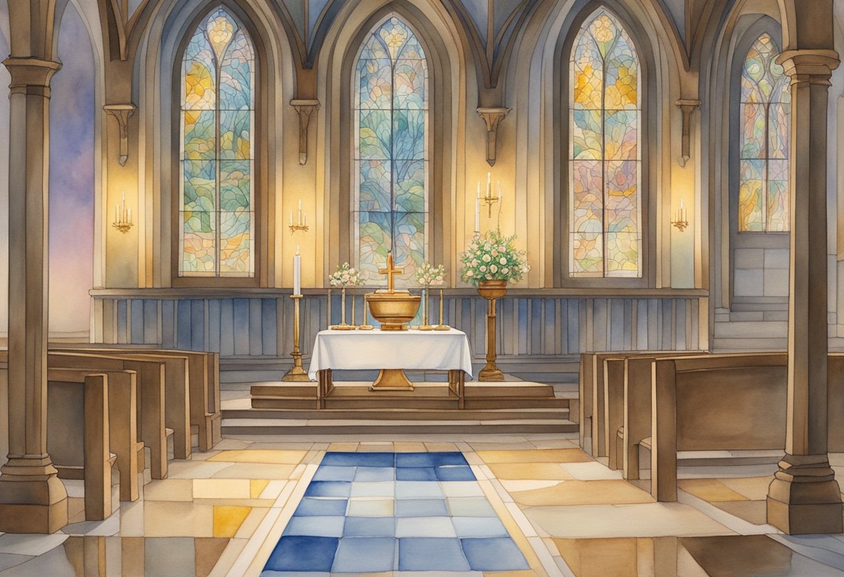 A serene, candlelit chapel with a baptismal font, communion table, and anointing oils on display, surrounded by stained glass windows depicting biblical scenes