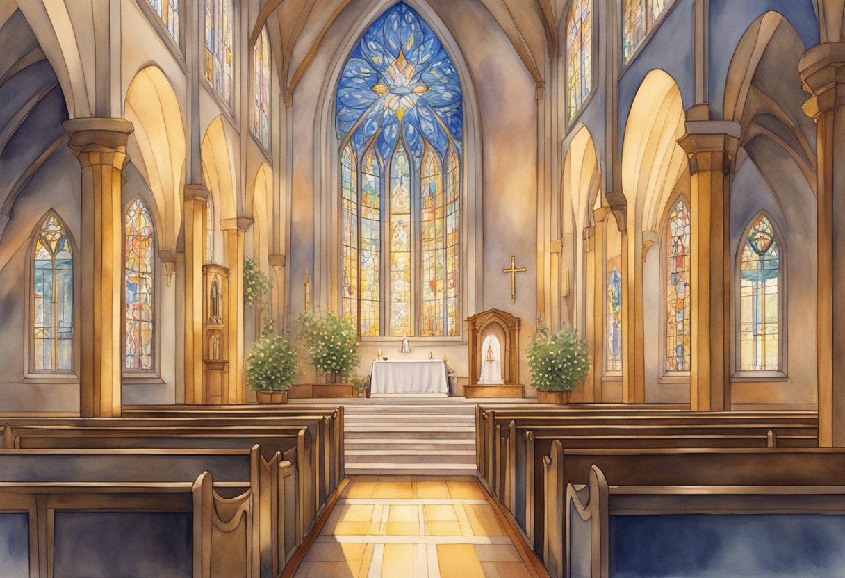 A serene chapel with a glowing altar, surrounded by symbols of the sacraments, bathed in warm light filtering through stained glass windows