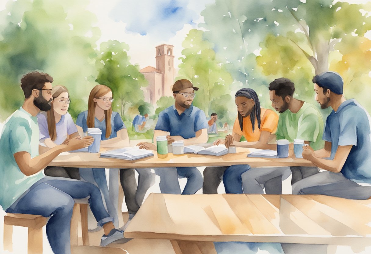 A group of students gathered around a campus ministry table, engaging in discussion and prayer with passionate Christian volunteers