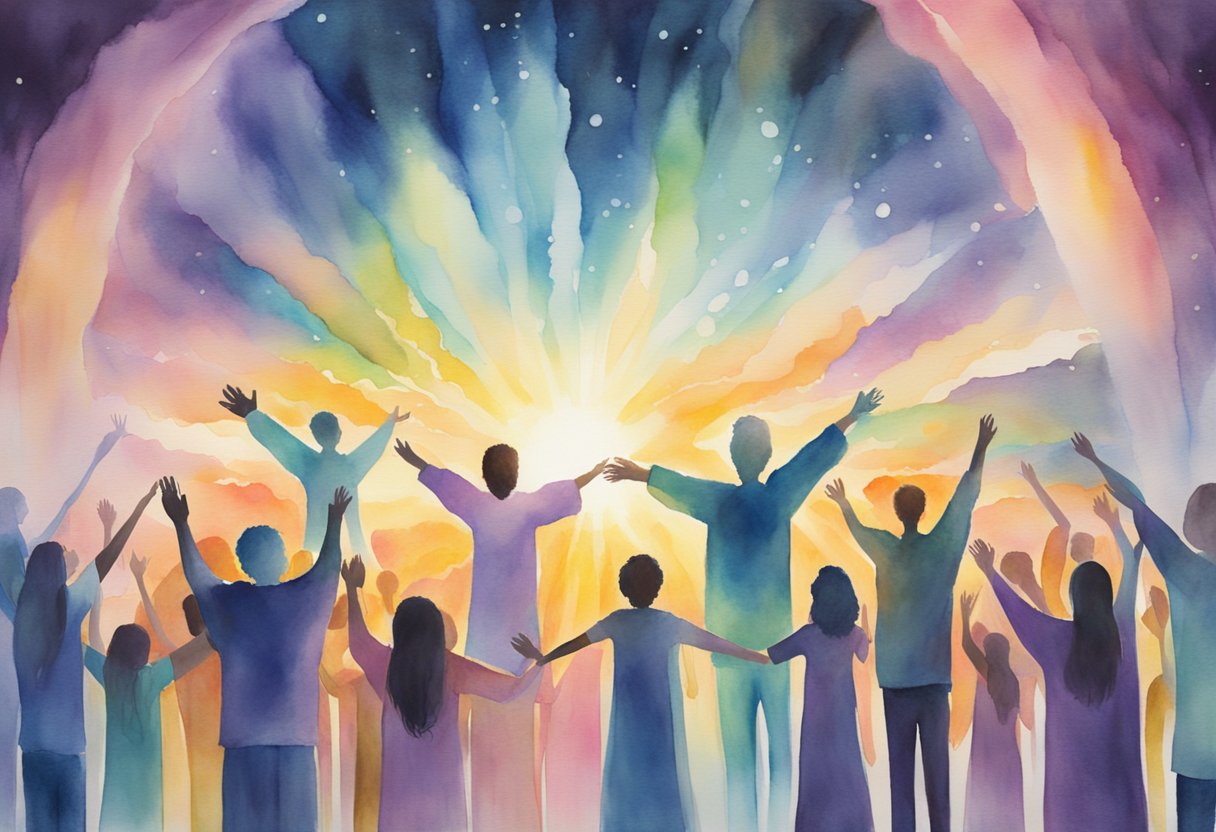 A group of people with uplifted faces and open arms, surrounded by a glowing aura, as they engage in passionate worship