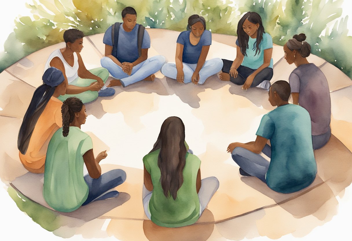 A group of diverse college students gather in a circle, engaged in deep conversation and prayer. A sense of community and spiritual growth is evident in their interactions