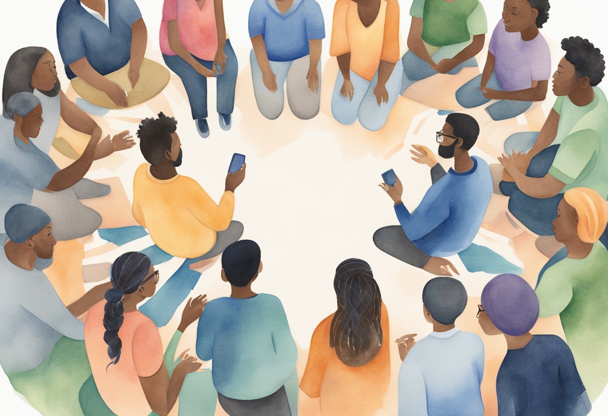 A group of diverse individuals gather in a circle, sharing ideas and resources. They are surrounded by a web of interconnected lines, representing their partnerships and networks in campus ministry