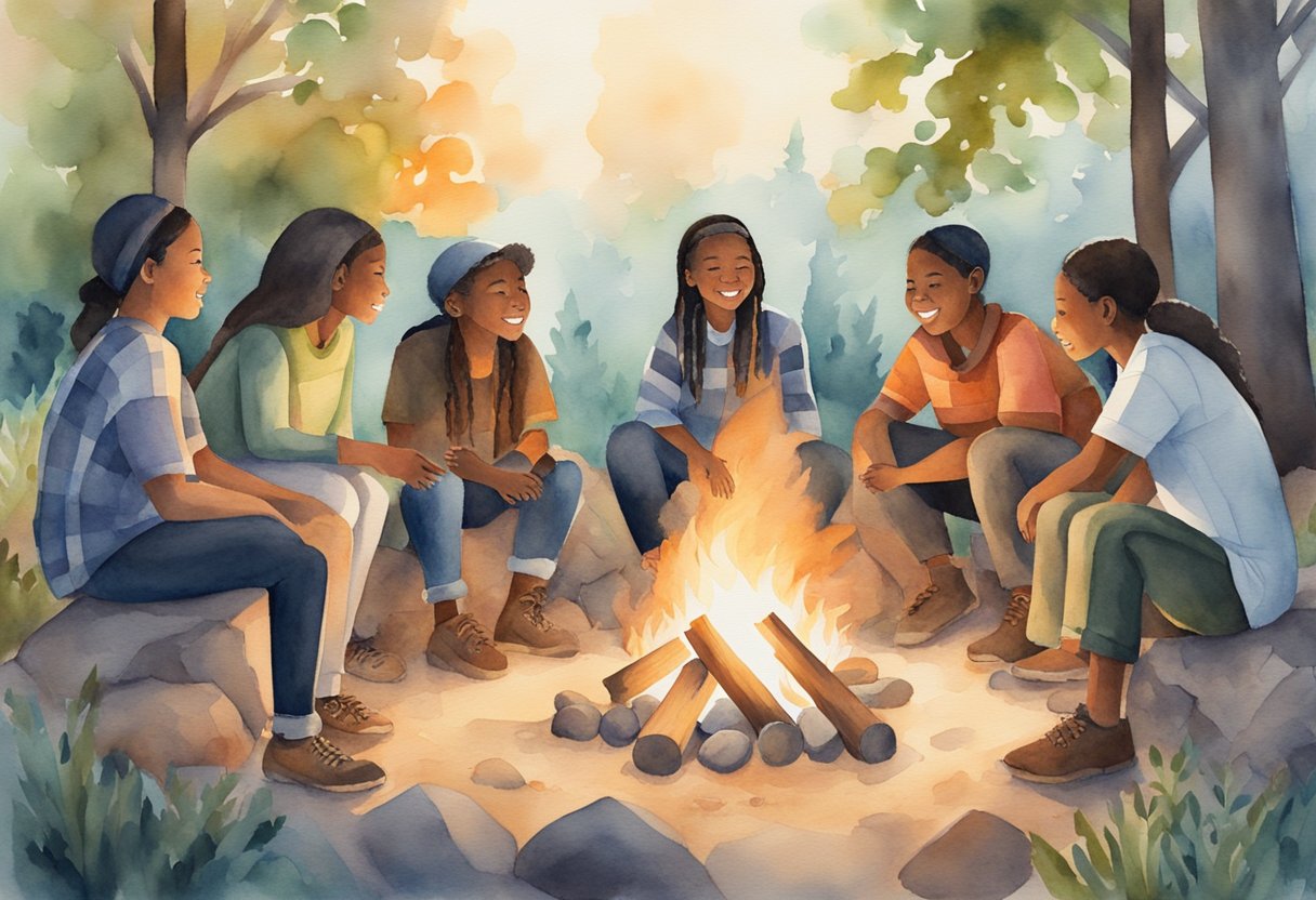 A group of diverse students gather around a campfire, sharing stories and laughter. A cross and various cultural symbols are displayed nearby