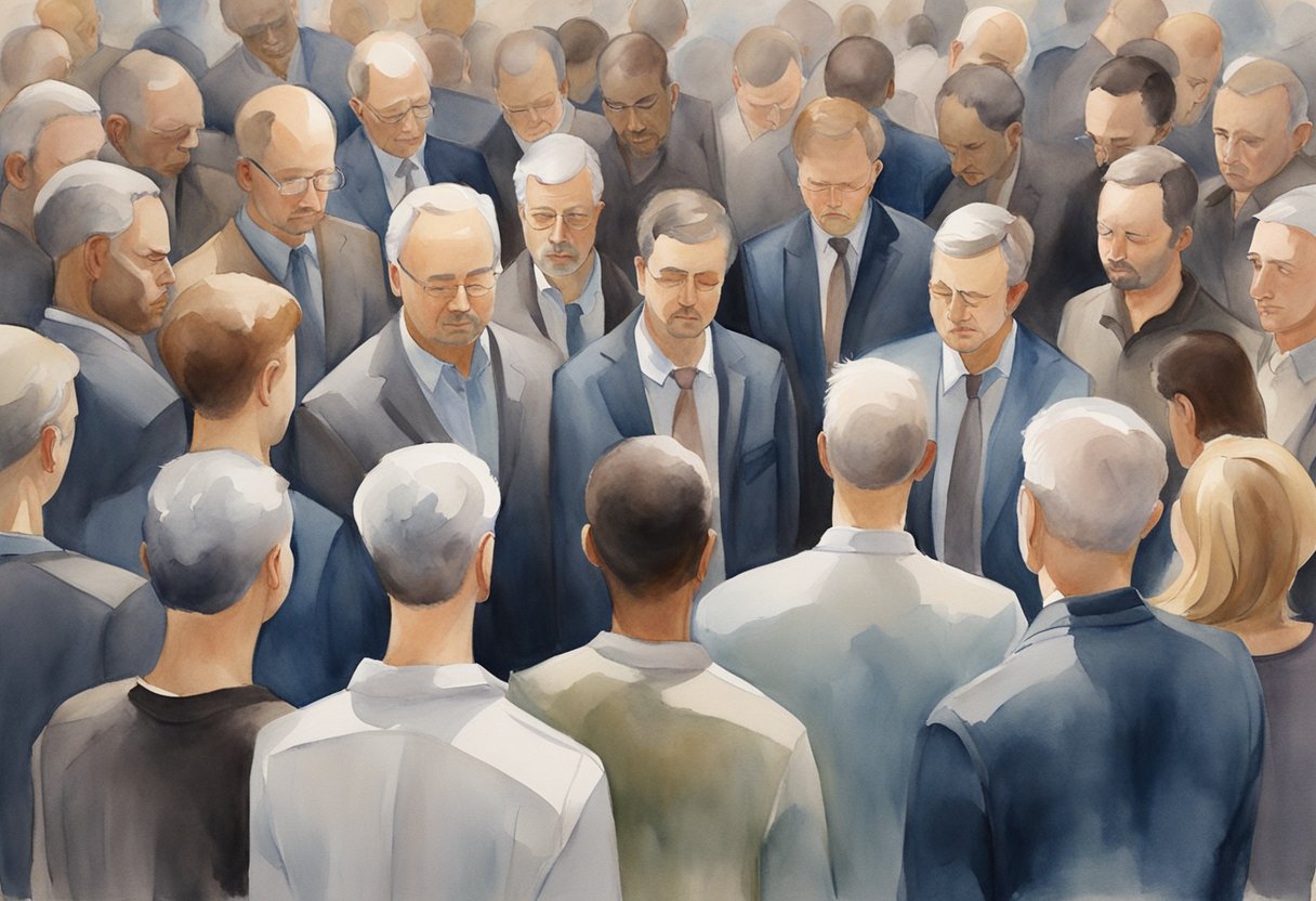 A group of people gather in a circle, heads bowed in prayer, as they lift up their voices in corporate intercession. The atmosphere is solemn and reverent, with a sense of unity and purpose