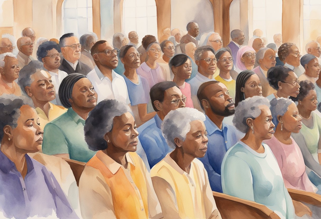 A diverse group of people gather in a church, each expressing their unique worship style through music, prayer, and reflection, while also coming together in unity to honor and praise God