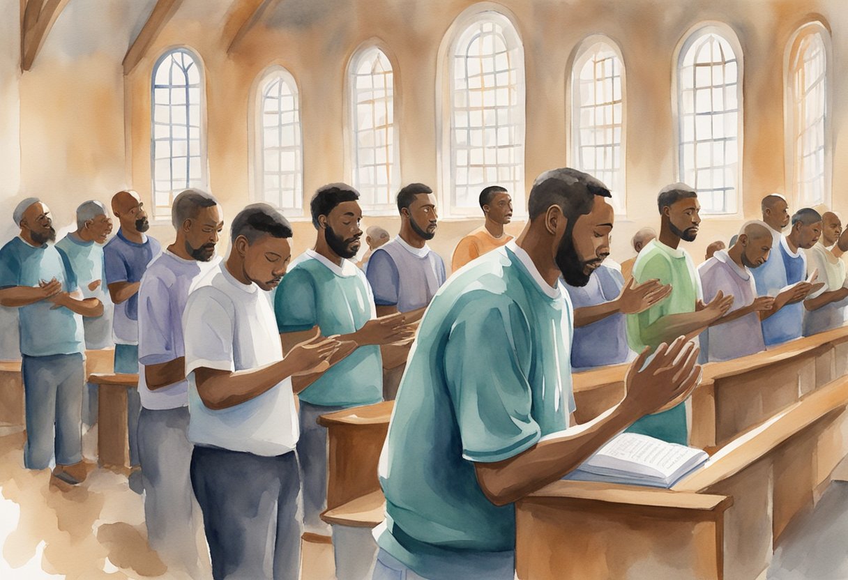 A group of inmates gathered in a chapel, praying and singing hymns as a volunteer minister speaks to them about redemption and hope